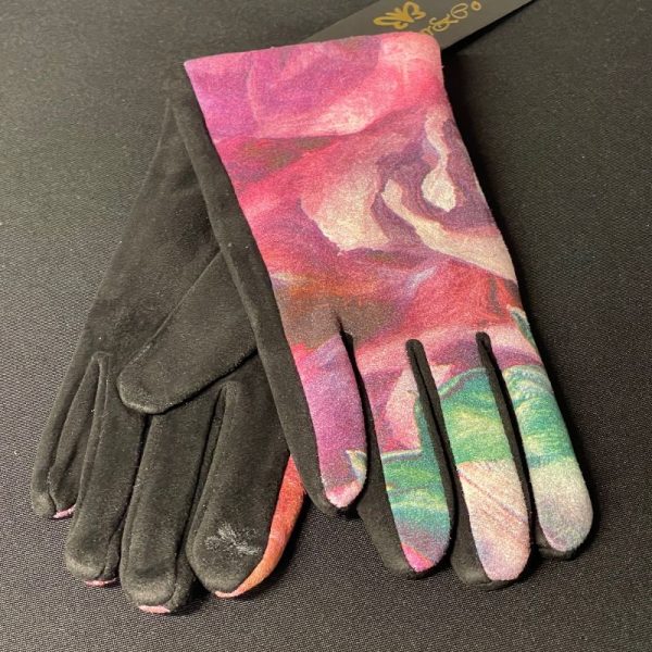 Gants rose et vert broderie fleur pour écran tactile