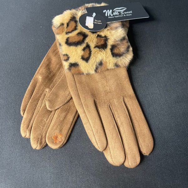 Gants empiècement fausse fourrure panthère broderie fleur pour écran tactile